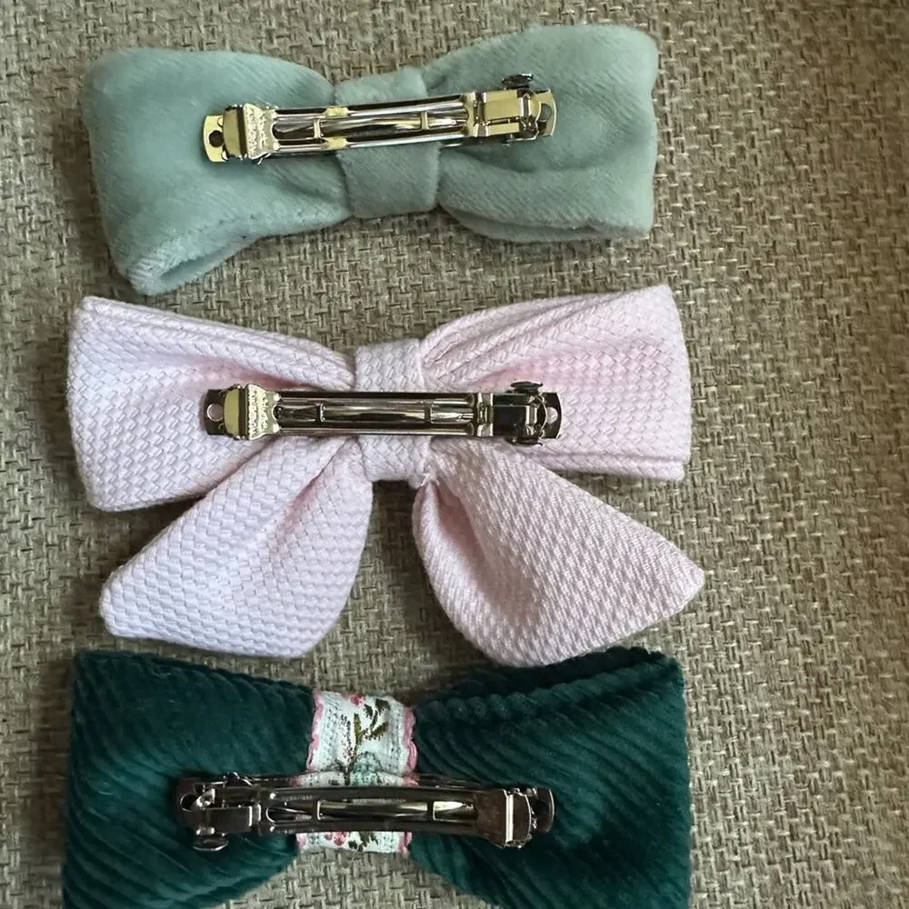 Set of 3 Handmade Vintage Chic Pink and Green Bows Hair Accessories